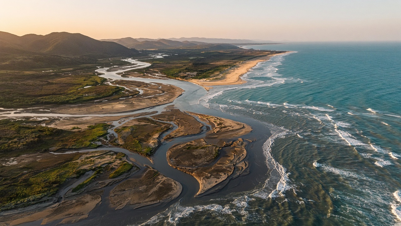 Aerial view of a river delta at golden hour